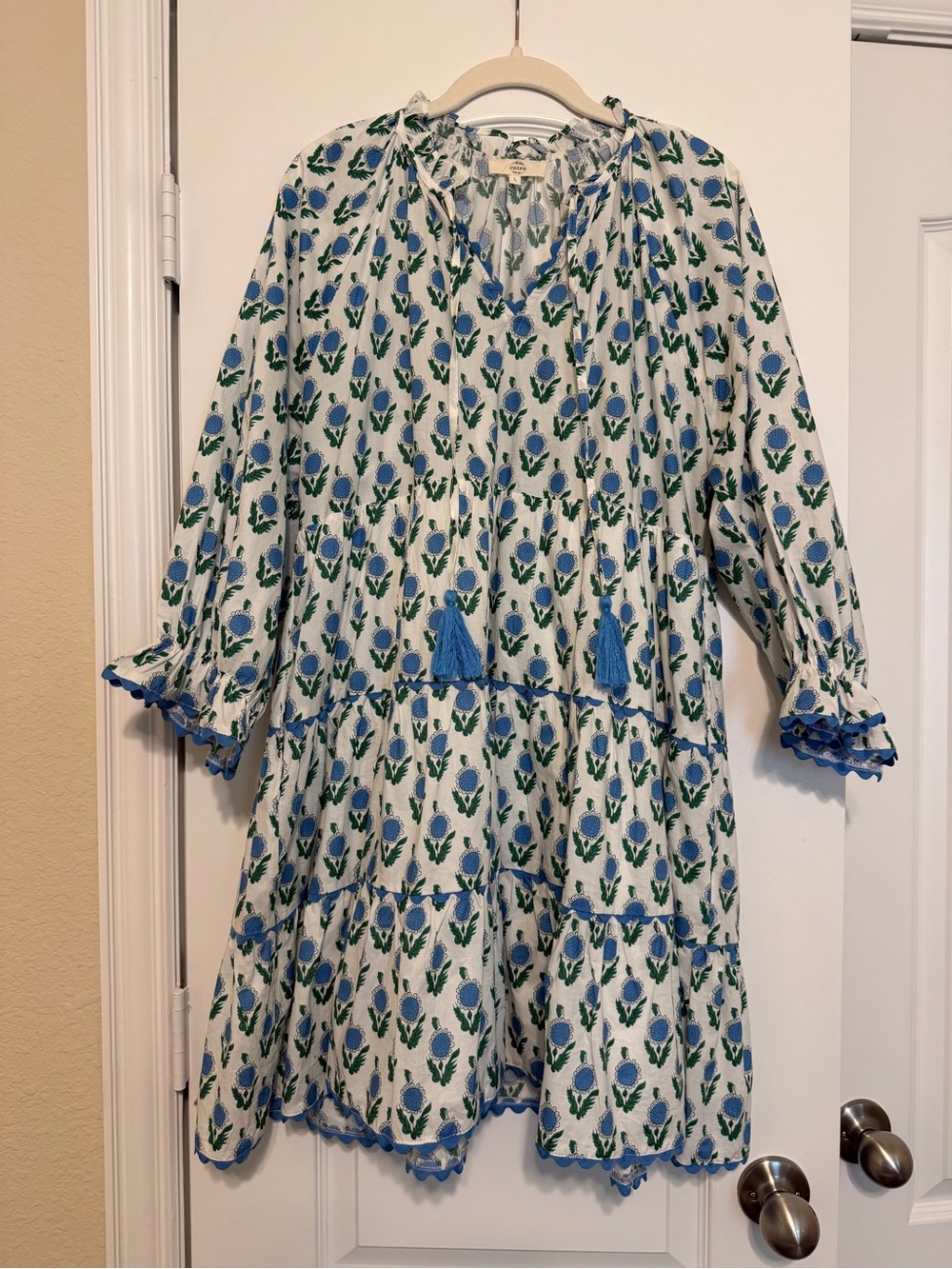 entro White Mini Dress with Blue and Green Floral Print and Tassels